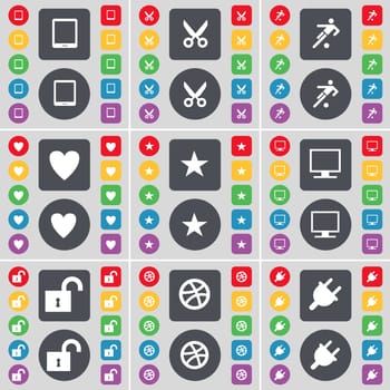 Tabled PC, Scissors, Football, Heart, Star, Monitor, Lock, Ball, Socket icon symbol. A large set of flat, colored buttons for your design. illustration
