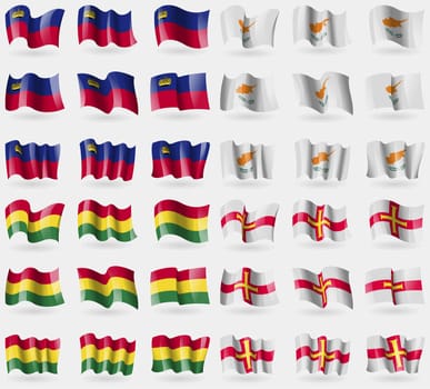 Liechtenstein, Cyprus, Bolivia, Guernsey. Set of 36 flags of the countries of the world. illustration