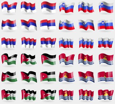 Republika Srpska, Slovenia, Jordan, Kiribati. Set of 36 flags of the countries of the world. illustration