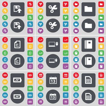 Floppy, Scissors, Folder, Text file, Laptop, Notebook, Charging, Calendar, File icon symbol. A large set of flat, colored buttons for your design. illustration