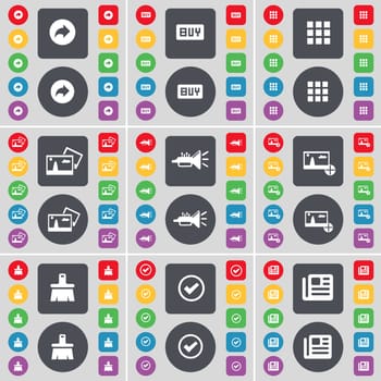 Back, Buy, Apps, Picture, Trumped, Brush, Tick, Newspaper icon symbol. A large set of flat, colored buttons for your design. illustration