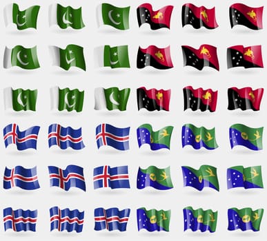 Pakistan, Papua New Guinea, Iceland, Christmas Island. Set of 36 flags of the countries of the world. illustration
