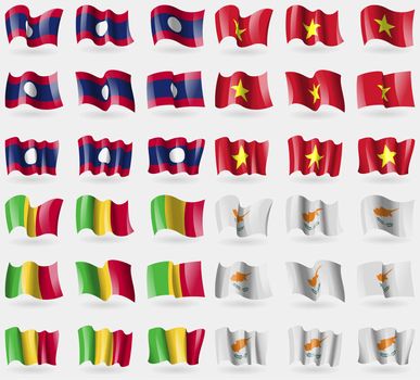 Laos, Vietnam, Mali, Cyprus. Set of 36 flags of the countries of the world. illustration