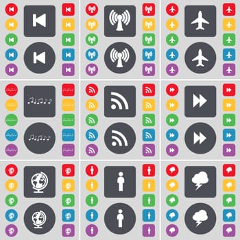 Media skip, Wi-Fi, Airplane, Note, RSS, Rewind, Globe, Silhouette, Lightning icon symbol. A large set of flat, colored buttons for your design. illustration