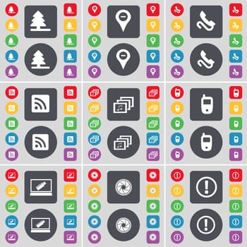 Firtree, Checkpoint, Receiver, RSS, Gallery, Mobile phone, Laptop, Lens, Warning icon symbol. A large set of flat, colored buttons for your design. illustration