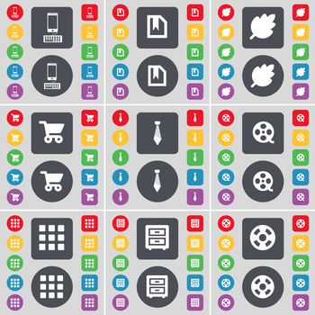 Smartphone, File, Leaf, Shopping cart, Tie, Videotape, Apps, Bed-taple, Videotape icon symbol. A large set of flat, colored buttons for your design. illustration