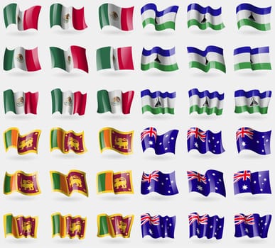 Mexico, Lesothe, Sri Lanka, Australia. Set of 36 flags of the countries of the world. illustration