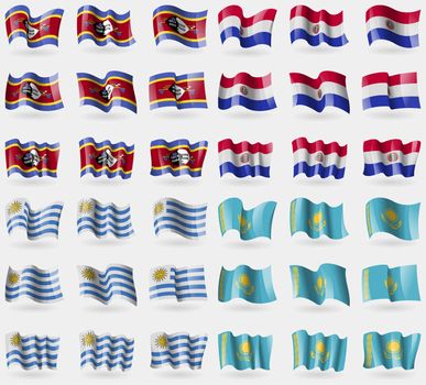 Swaziland, Paraguay, Uruguay, Kazakhstan. Set of 36 flags of the countries of the world. illustration