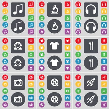 Note, Microscope, Headphones, Avatar, T-Shirt, Fork and knife, Camera, Videotape, Rocket icon symbol. A large set of flat, colored buttons for your design. illustration