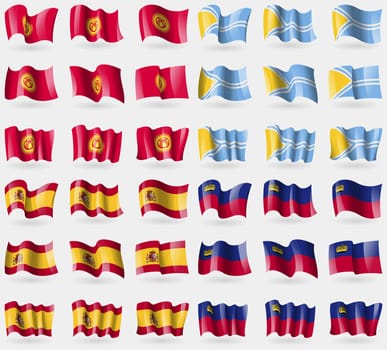 Kyrgyzstan, Tuva, Spain, Liechtenstein. Set of 36 flags of the countries of the world. illustration