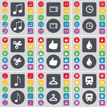 Note, Microwave, Clock, Scissors, Like, Drop, Note, Hanger, Truck icon symbol. A large set of flat, colored buttons for your design. illustration