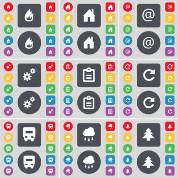 Fire, House, Mail, Gear, Survey, Reload, Truck, Cloud, Firtree icon symbol. A large set of flat, colored buttons for your design. illustration