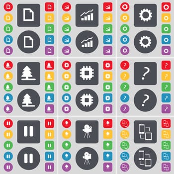 File, Graph, Gear, Firtree, Processor, Question mark, Pause, Film camera, Connection icon symbol. A large set of flat, colored buttons for your design. illustration