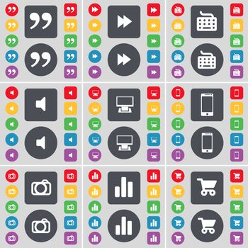 Quotation mark, Rewind, Keyboard, Sound, Monitor, Smartphone, Camera, Diagram, Shopping cart icon symbol. A large set of flat, colored buttons for your design. illustration