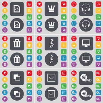 File, Crown, Headphones, Trash can, Clef, Mobile, Copy, Arrow down, DVD icon symbol. A large set of flat, colored buttons for your design. illustration