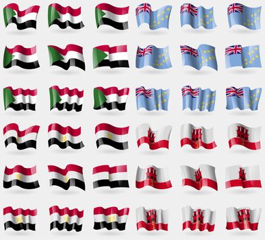 Sudan, Tuvalu, Egypt, Gibraltar. Set of 36 flags of the countries of the world. illustration