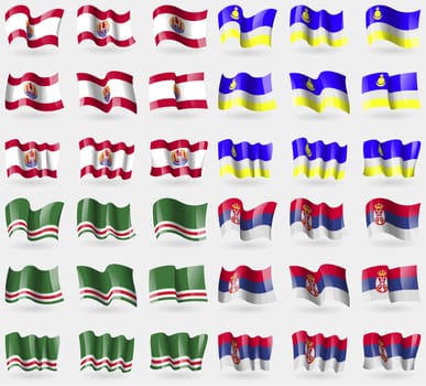 French Polynesia, Buryatia, Chechen Republic of Ichkeria, Serbia. Set of 36 flags of the countries of the world. illustration