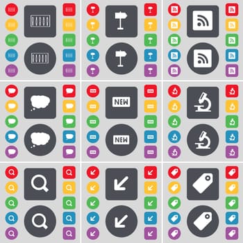 Equalizer, Sighpost, RSS, Chat cloud, New, Microscope, Magnifying glass, Deploying screen, Tag icon symbol. A large set of flat, colored buttons for your design. illustration