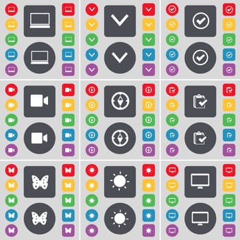 Laptop, Arrow down, Tick, Film camera, Compass, Survey, Butterfly, Light, Monitor icon symbol. A large set of flat, colored buttons for your design. illustration