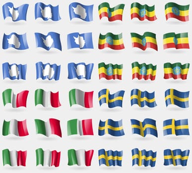 Antarctica, Ethiopia, Italy, Sweden. Set of 36 flags of the countries of the world. illustration
