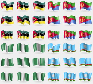 Mozambique, Eritrea, Nigeria, Sakha Republic. Set of 36 flags of the countries of the world. illustration