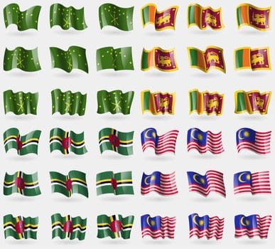 Adygea, Sri Lanka, Dominica, Malaysia. Set of 36 flags of the countries of the world. illustration