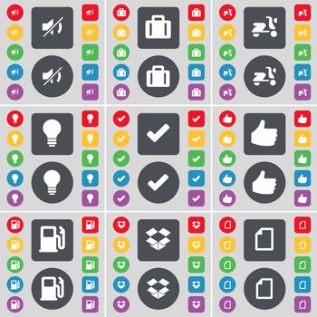 Mute, Suitcase, Scooter, Lightbulb, Tick, Like, Gas station, Dropbox, File icon symbol. A large set of flat, colored buttons for your design. illustration