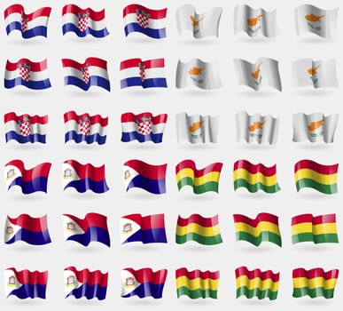 Crotia, Cyprus, Saint Martin, Bolivia. Set of 36 flags of the countries of the world. illustration