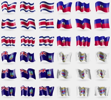 Costa Rica, Haiti, Montserrat, Saint Barthelemy. Set of 36 flags of the countries of the world. illustration