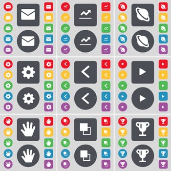 Message, Graph, Planet, Gear, Arrow left, Media play, Hand, Copy, Cup icon symbol. A large set of flat, colored buttons for your design. illustration