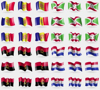 Andorra, Burundi, Angola, Paraguay. Set of 36 flags of the countries of the world. illustration