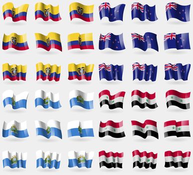 Ecuador, New Zeland, San Marino, Syria. Set of 36 flags of the countries of the world. illustration
