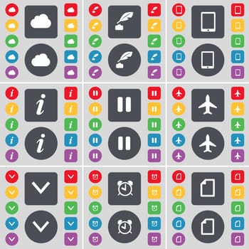 Cloud, Ink pen, Tablet PC, Information, Pause, Airplane, Arrow down, Alarm clock icon symbol. A large set of flat, colored buttons for your design. illustration