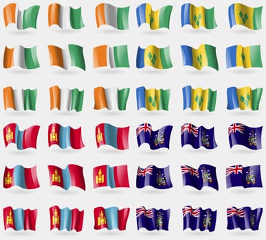 Cote Divoire, Saint Vincent and Grenadines, Mongolia, Georgia and Sandwich. Set of 36 flags of the countries of the world. illustration