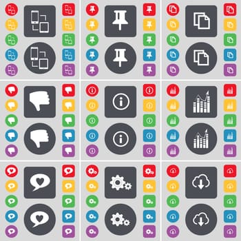 Connection, Pin, Copy, Dislike, Information, Graph, Chat bubble, Gear, Cloud icon symbol. A large set of flat, colored buttons for your design. illustration