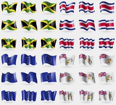 Jamaica, Costa Rica, European Union, British Antarctic Territory. Set of 36 flags of the countries of the world. illustration