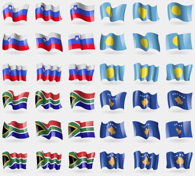 Slovenia, Palau, South Africa, Kosovo. Set of 36 flags of the countries of the world. illustration