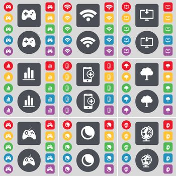 Gamepad, Wi-Fi, Monitor, Diagram, Smartphone, Tree, Gamepad, Moon, Globe icon symbol. A large set of flat, colored buttons for your design. illustration