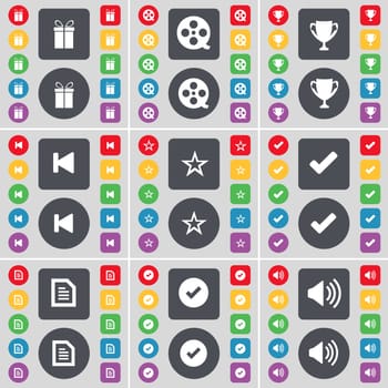 Gift, Videotape, Cup, Media skip, Star, Tick, Text file, Sound icon symbol. A large set of flat, colored buttons for your design. illustration