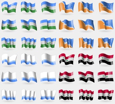 KabardinoBalkaria, Tierra del Fuego Province, Altai Republic, Syria. Set of 36 flags of the countries of the world. illustration