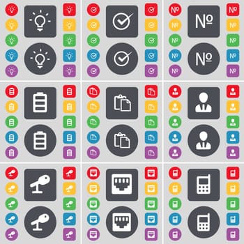 Light bulb, Tick, Number, Battery, Survey, Avatar, Microphone, LAN socket, Mobile phone icon symbol. A large set of flat, colored buttons for your design. illustration