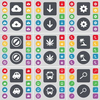Cloud, Arrow down, Gear, Stop, Marijuana, Palm, Car, Bus, Magnifying glass icon symbol. A large set of flat, colored buttons for your design. illustration