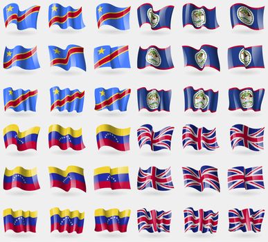 Congo Democratic Republic, Belize, Venezuela, United Kingdom. Set of 36 flags of the countries of the world. illustration
