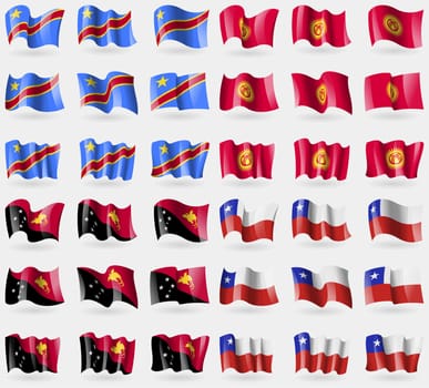 Congo Democratic Republic, Kyrgyzstan, Papua New Guinea, Chile. Set of 36 flags of the countries of the world. illustration