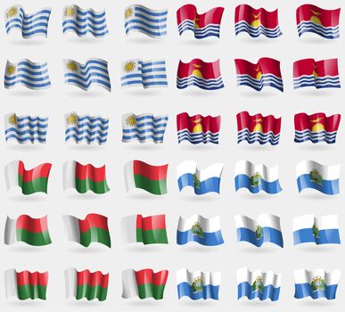 Uryguay, Kiribati, Madagascar, San Marino. Set of 36 flags of the countries of the world. illustration