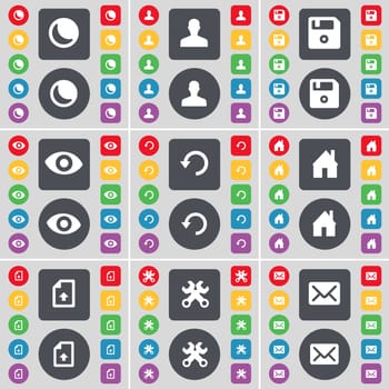 Moon, Avatar, Floppy, Vision, Reload, House, Upload file, Wrenches, Message icon symbol. A large set of flat, colored buttons for your design. illustration
