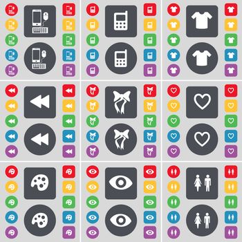 Smartphone, Mobile phone, T-Shirt, Rewind, Bow, Heart, Palette, Vision, Silhouette icon symbol. A large set of flat, colored buttons for your design. illustration