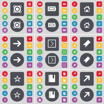 Speaker, Battery, House, Arrow right, Marker, Star, Dictionary, Full screen icon symbol. A large set of flat, colored buttons for your design. illustration