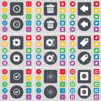 Compass, Trash can, Arrow left, Processor, Gramophone, Tag, Tick, Star, Socket icon symbol. A large set of flat, colored buttons for your design. illustration