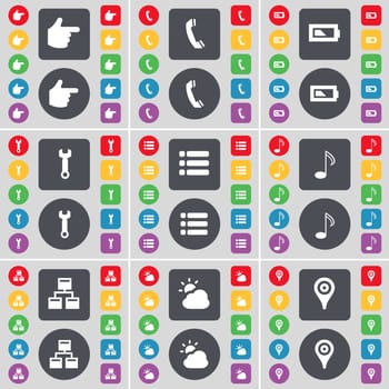 Hand, Receiver, Battery, Wrench, List, Note, Network, Cloud, Checkpoint icon symbol. A large set of flat, colored buttons for your design. illustration